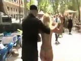 Bondage blonde walks in underwear in public