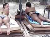Two Asian babes candid feet at beach