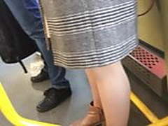 Pantyhose close-up of blonde in tram