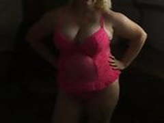 Sexy Curvy Blonde Modelling Pink Lingerie In Hotel Room