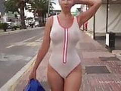 Wet Transparent Swimsuit In Public