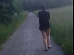 UK London teen MILF walking in the park with no pants on