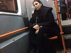 Hot MILF in black pantyhose in late tram